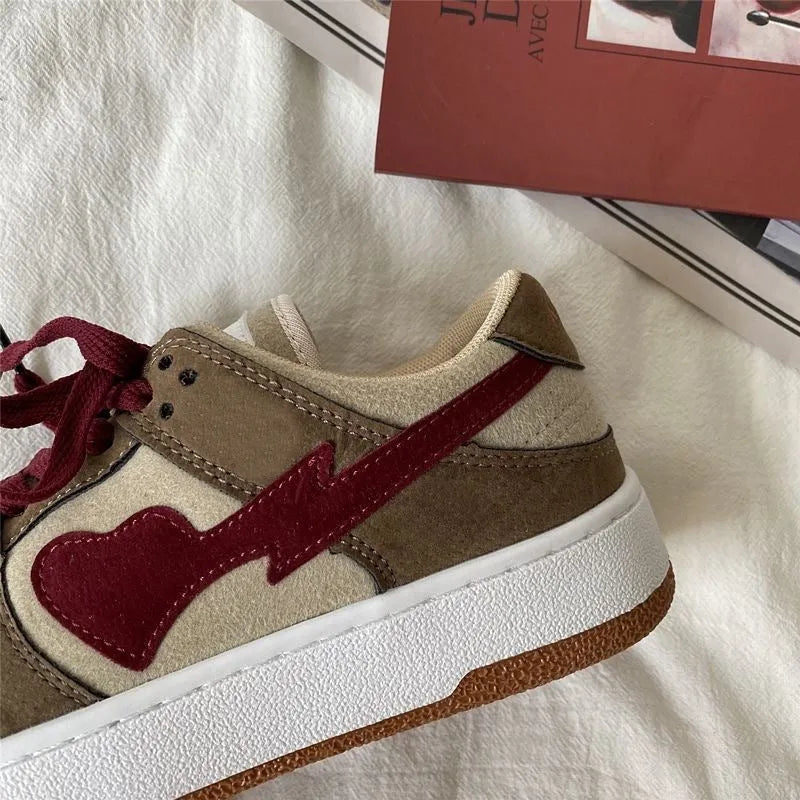 Brown women's casual sneakers with big head bread design, mid heel, round toe, and front lace-up fastening