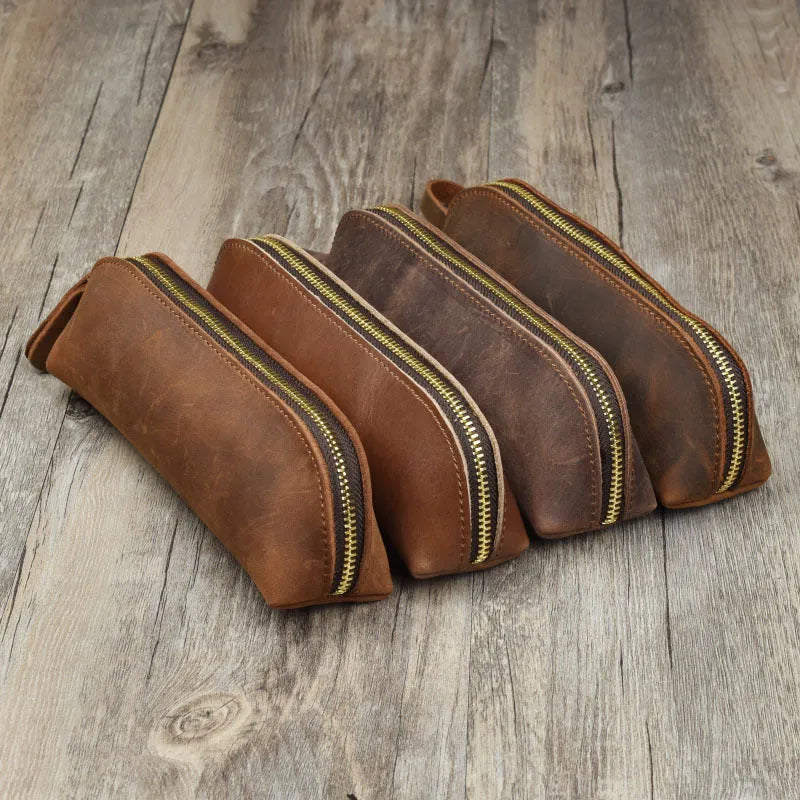 Handmade leather pencil case with zipper in black brown dark brown yellow colours