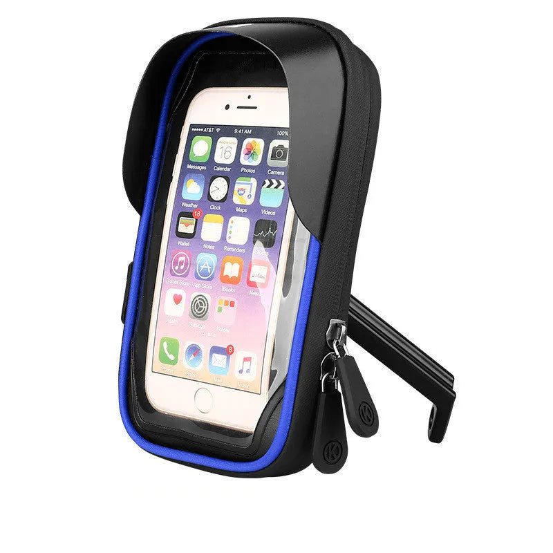 Black TPU mobile phone stand mounted on a bicycle handlebar, showing phone in use.