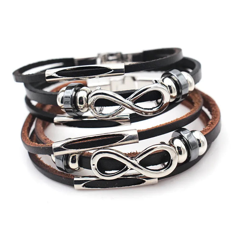 Men's Leather Bracelet Figure 8 Infinity Symbol Cowhide Retro European and American Style Unisex Black Brown Electroplated Silver Pendant Chain Independent Packaging