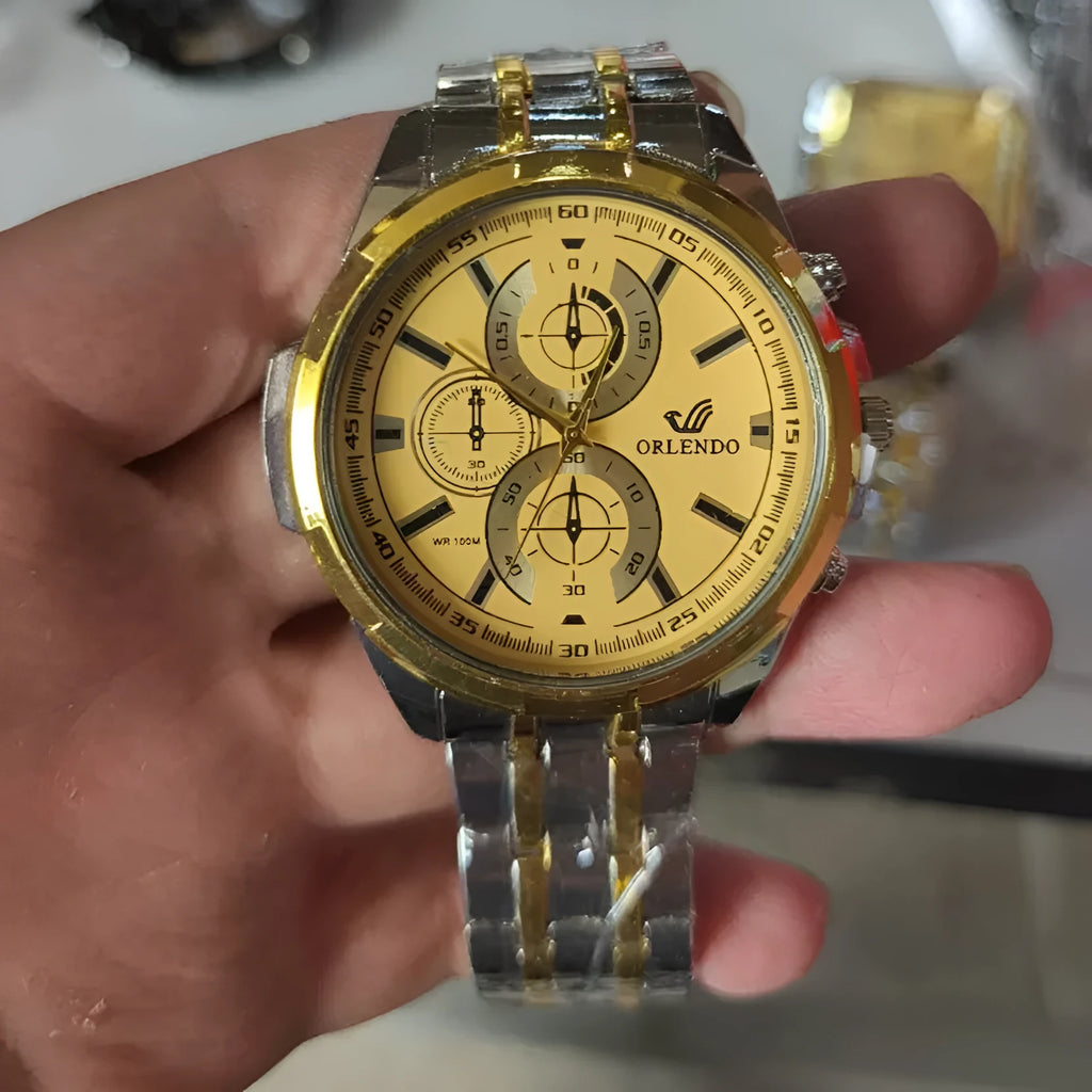 Men's multi-function three-eye quartz watch with pointer display in silver gold, leather strap, alloy case
