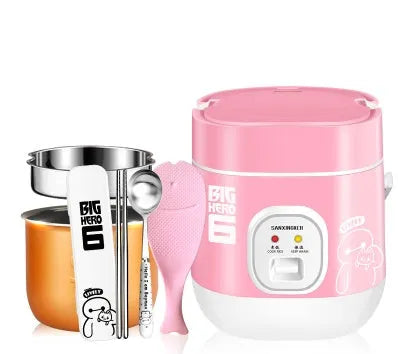 Compact round mini rice cooker with steaming pan and non-stick inner pot for 1-2 people