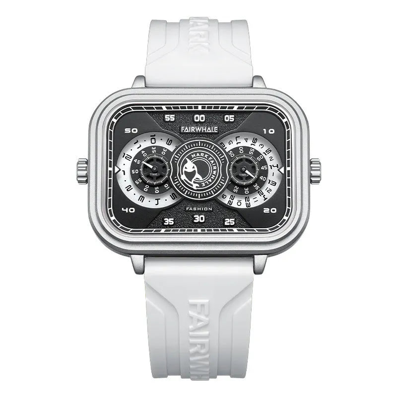 Men's luminous multi-functional waterproof watch with black silicone strap, alloy case, and white dial showing sub-dials and glow-in-dark hands