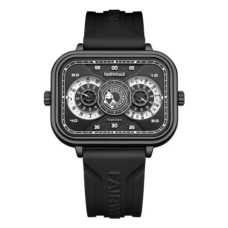 Men's luminous multi-functional waterproof watch with black silicone strap, alloy case, and white dial showing sub-dials and glow-in-dark hands
