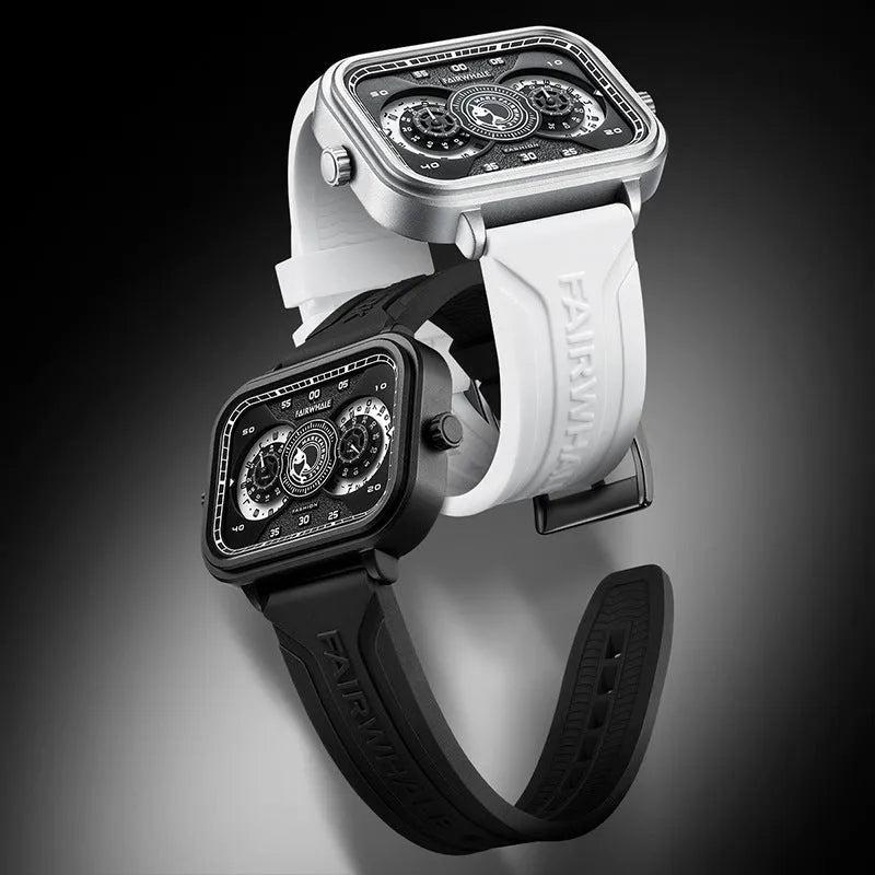 Men's luminous multi-functional waterproof watch with black silicone strap, alloy case, and white dial showing sub-dials and glow-in-dark hands