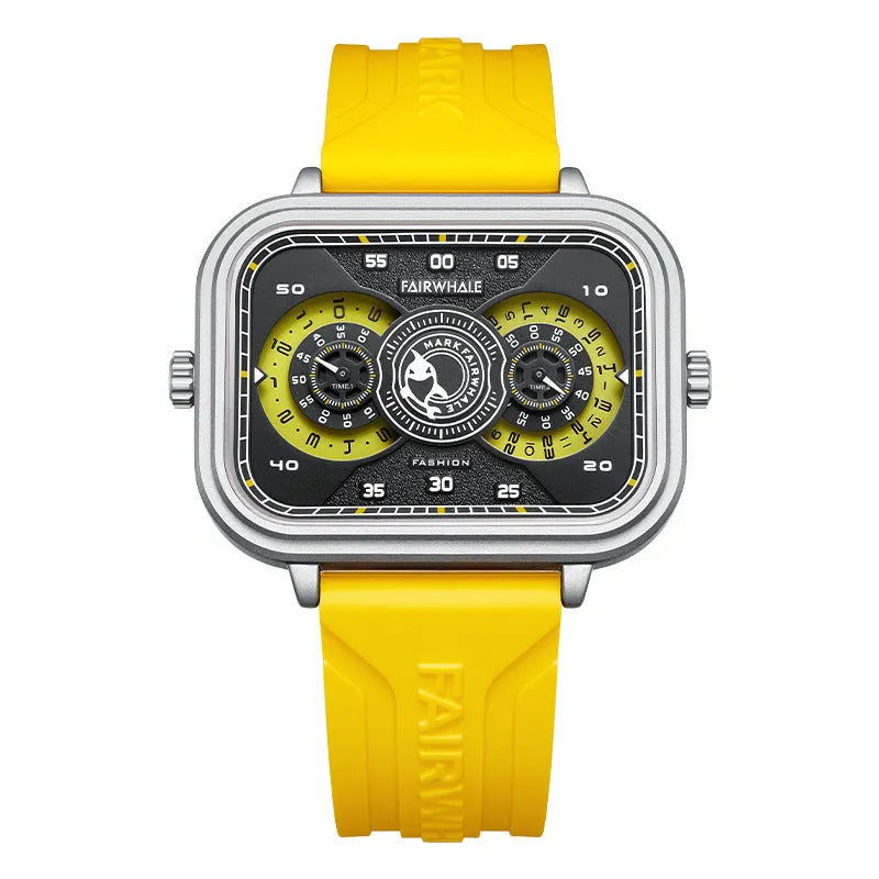 Men's luminous multi-functional waterproof watch with black silicone strap, alloy case, and white dial showing sub-dials and glow-in-dark hands