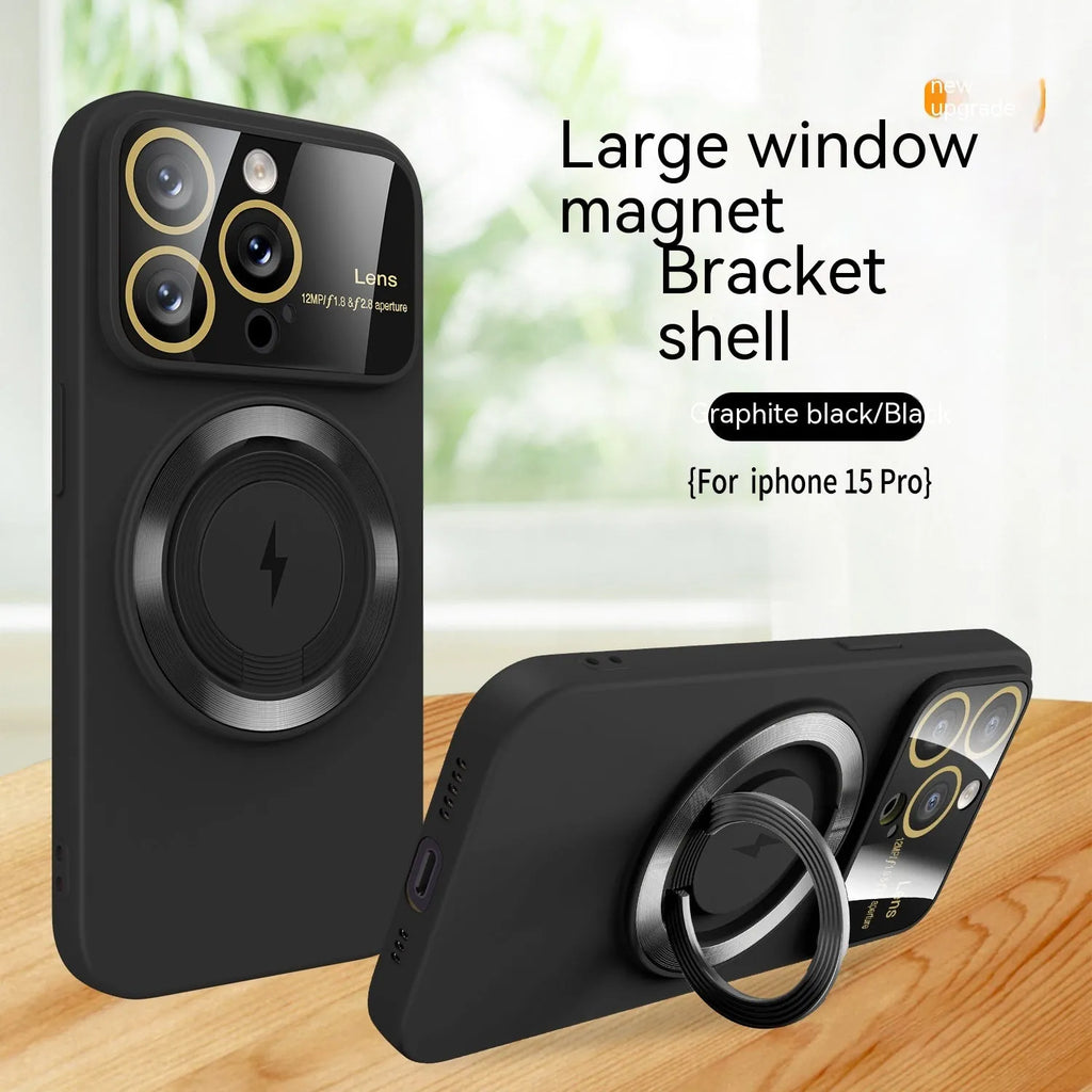 Large window magnetic bracket rotatable ring phone case in TPU with electroplated finish for iPhone