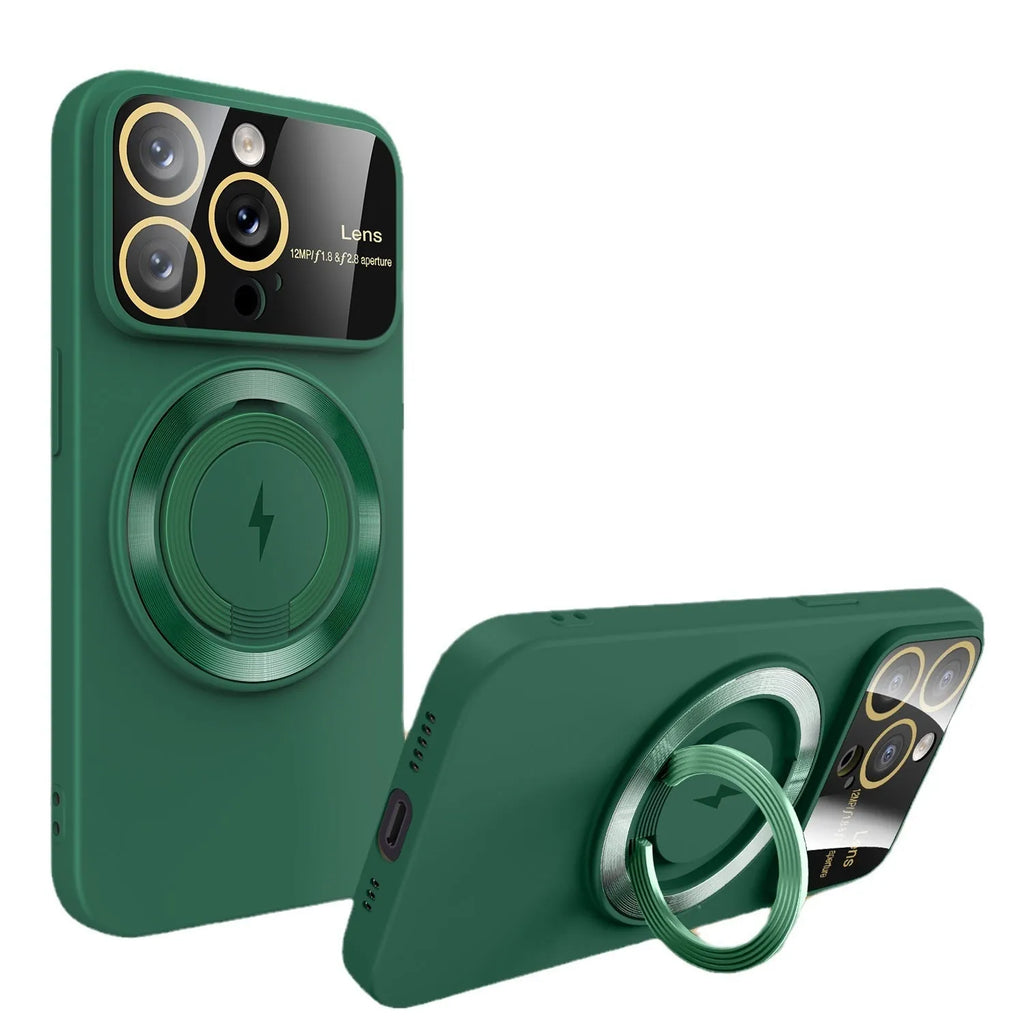 Large window magnetic bracket rotatable ring phone case in TPU with electroplated finish for iPhone
