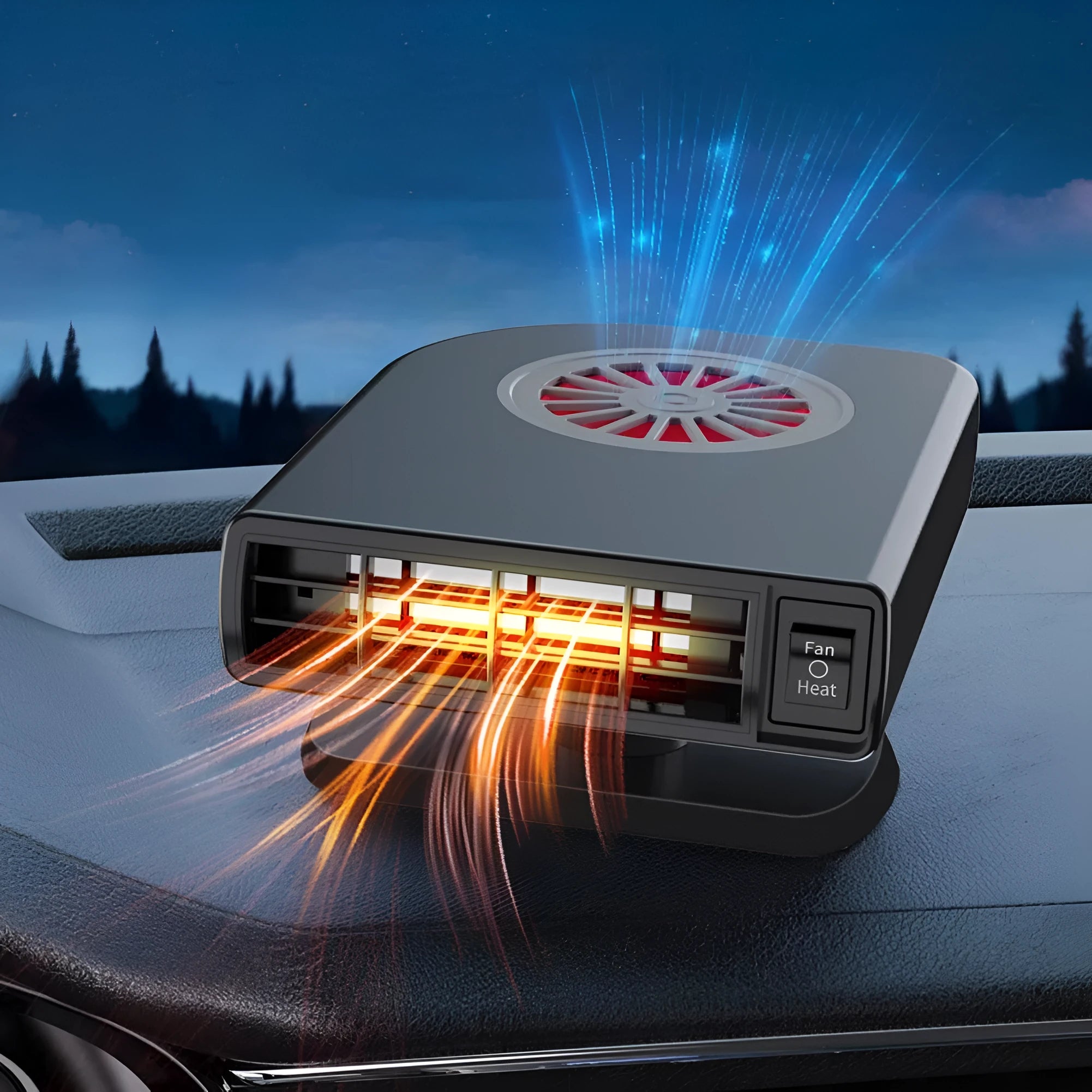 Black vehicle-mounted 12V car heater with adjustable vent on a car dashboard.