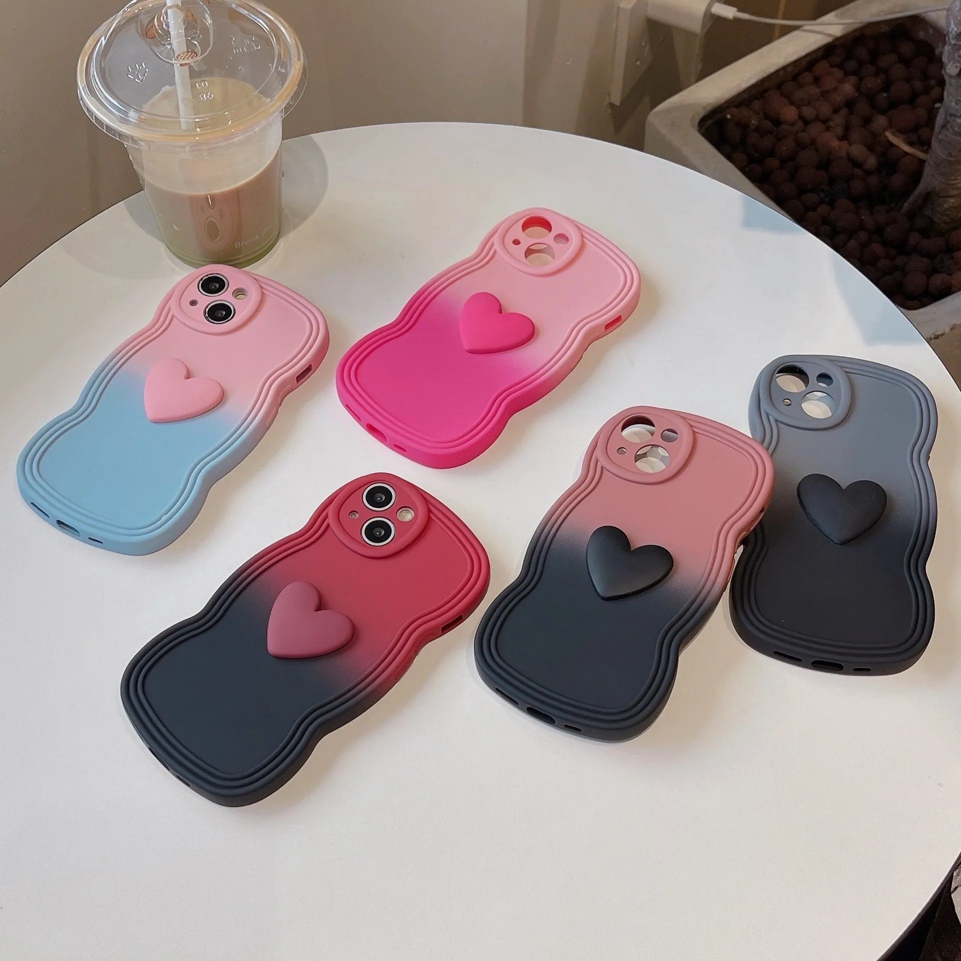 Liquid silicone wavy edge love gradient phone case for iPhone in red gradient black colour