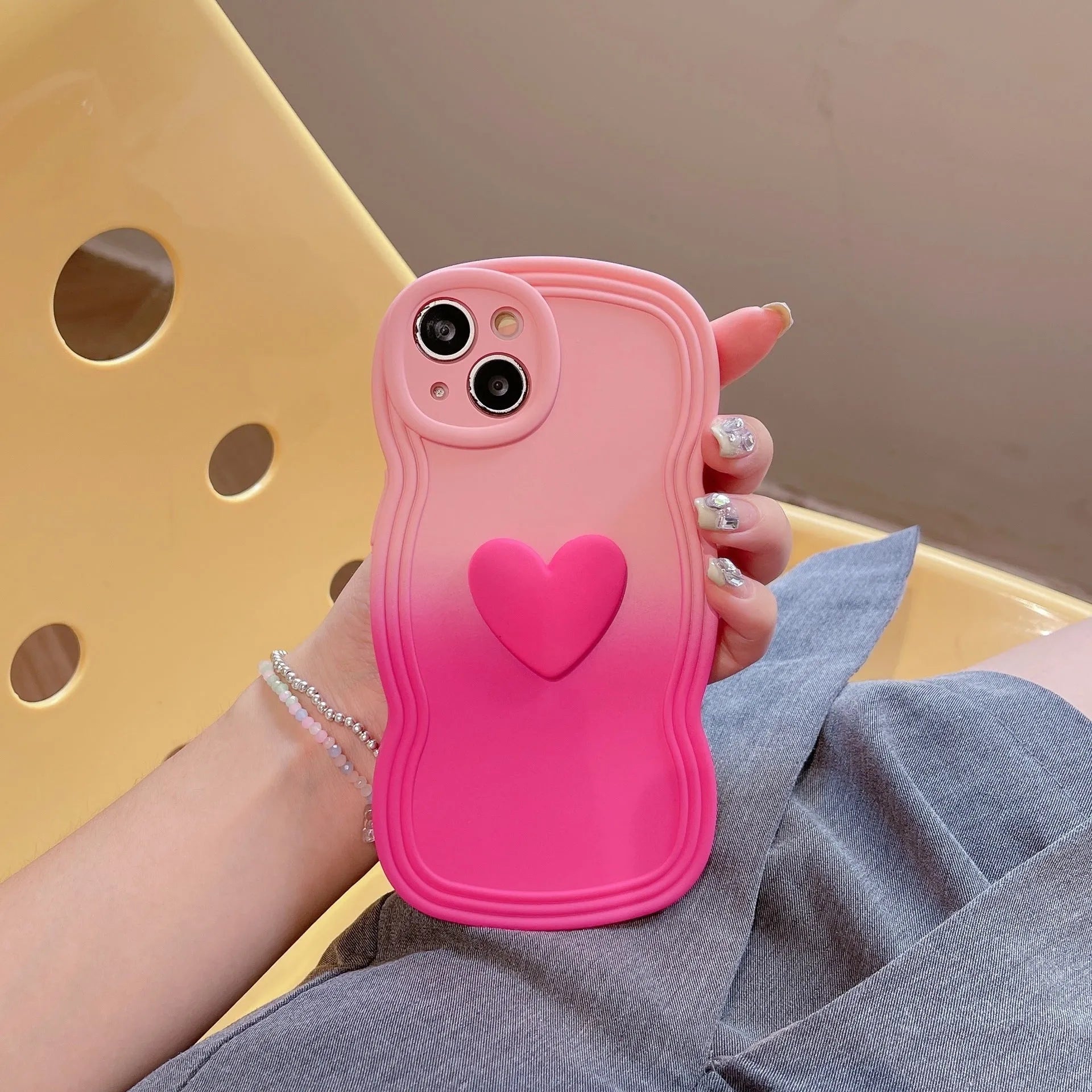 Liquid silicone wavy edge love gradient phone case for iPhone in red gradient black colour