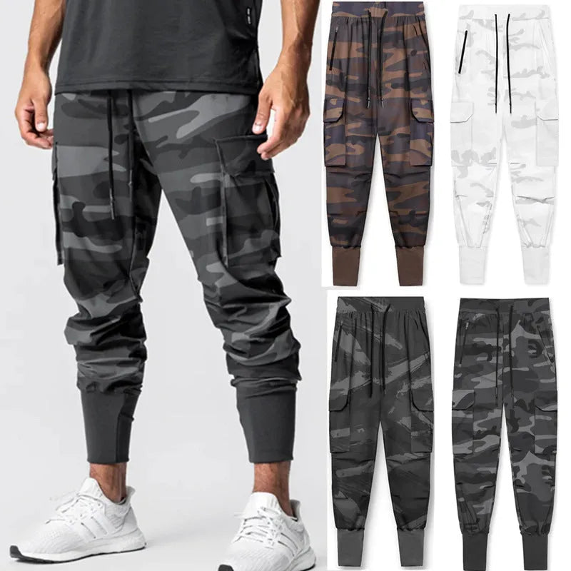 Men's loose woven fitness leggings in camouflage, moisture wicking nylon lining, available in multiple sizes