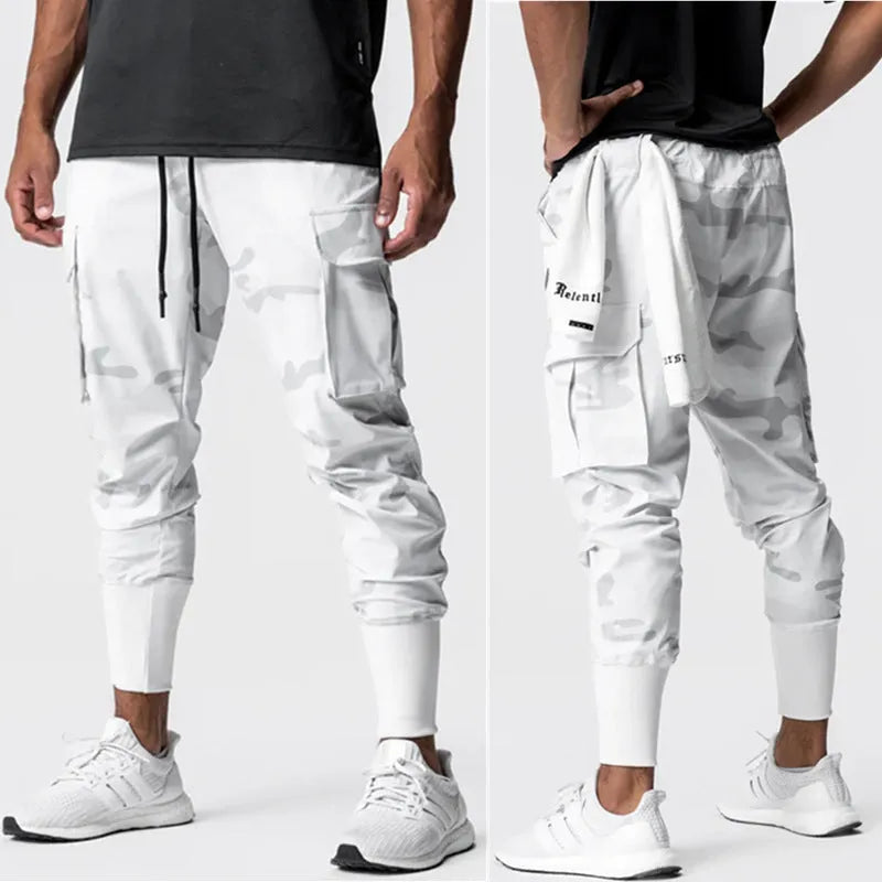Men's loose woven fitness leggings in camouflage, moisture wicking nylon lining, available in multiple sizes