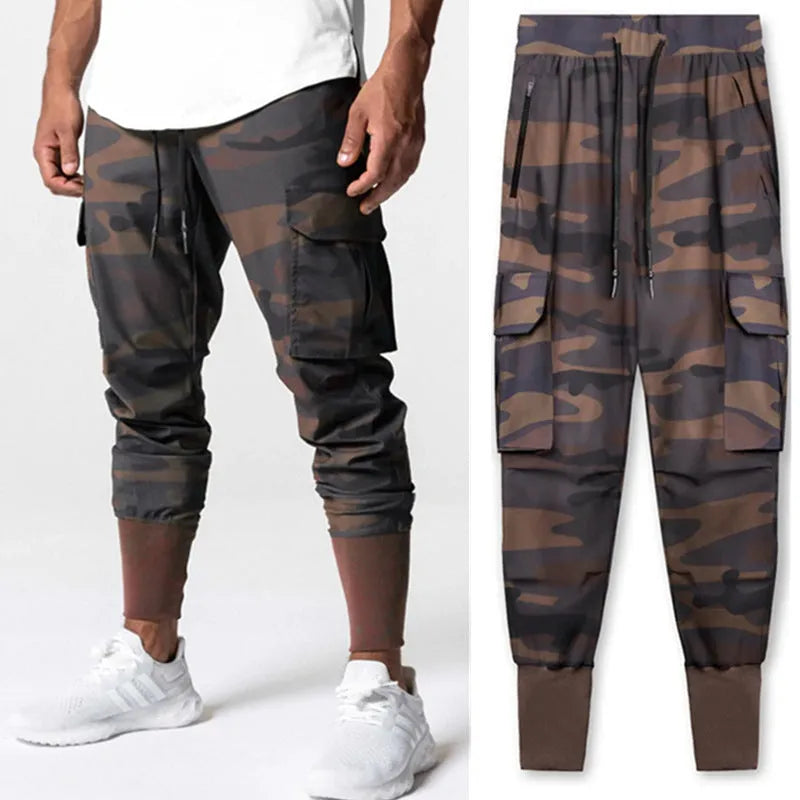 Men's loose woven fitness leggings in camouflage, moisture wicking nylon lining, available in multiple sizes