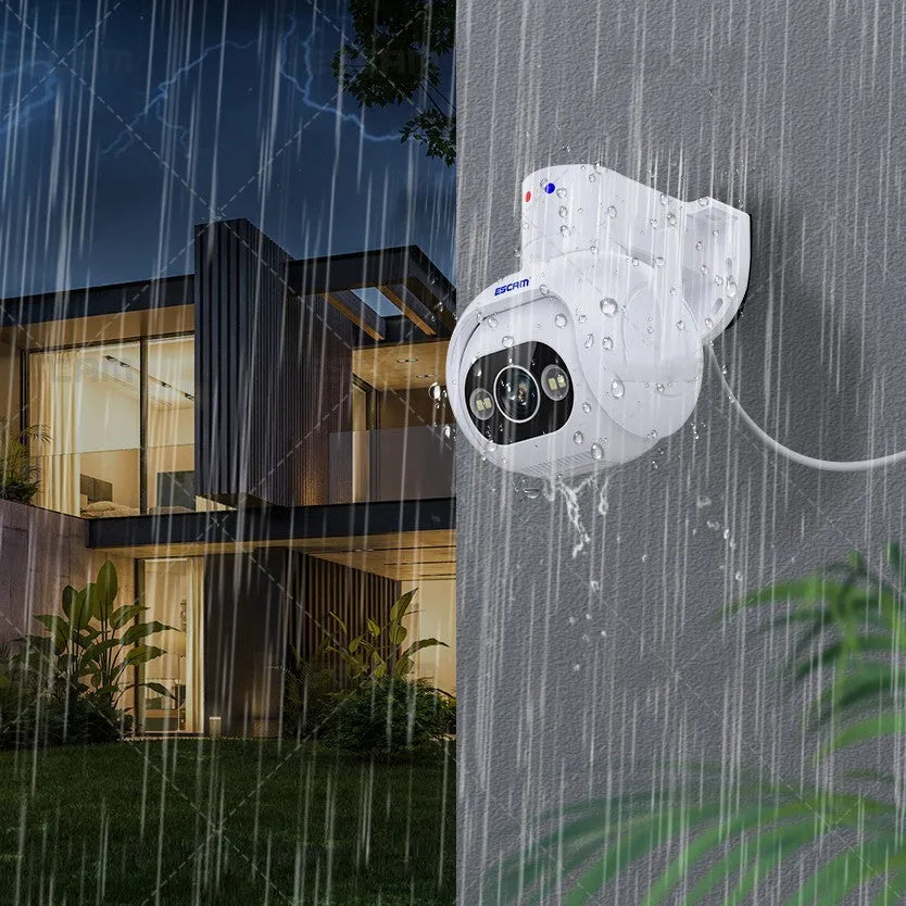 White plastic 4MP smart security camera with wall mount bracket and 12V power adapter