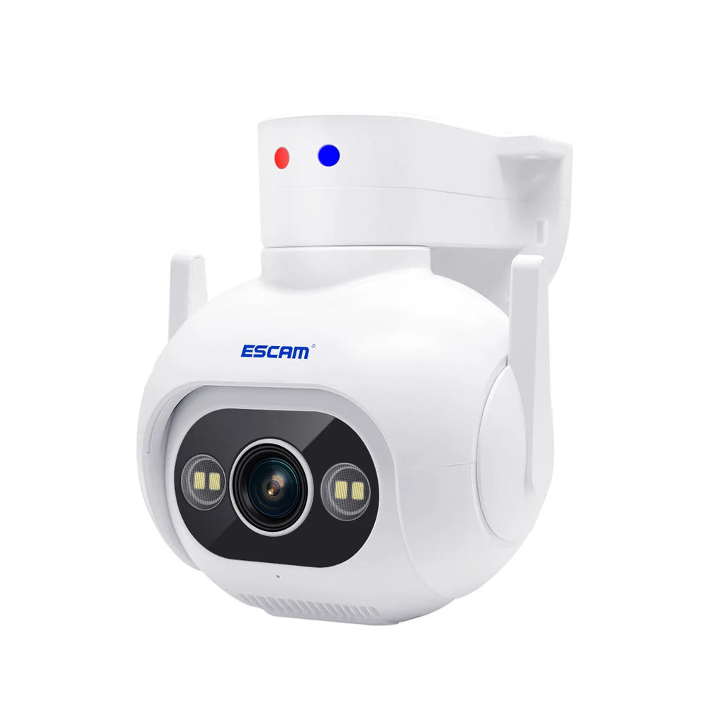 White plastic 4MP smart security camera with wall mount bracket and 12V power adapter