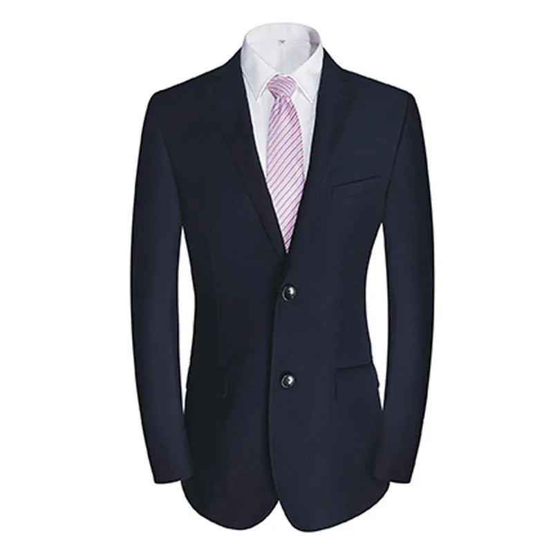 Men's wool blend slim fit casual suit jacket in black with two-button placket and side slits