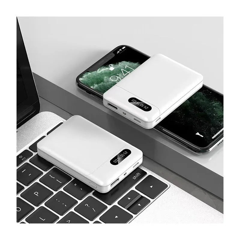 Black and white portable power bank with multi-USB ports showing 10000mAh capacity label
