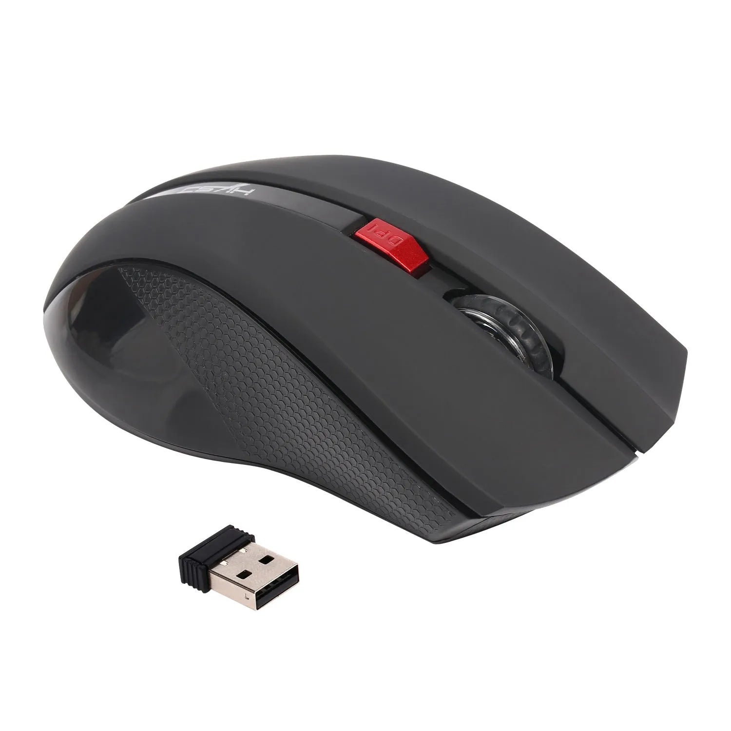 2.4G wireless optical ergonomic mouse in black with four-way scroll wheel for desktop computers