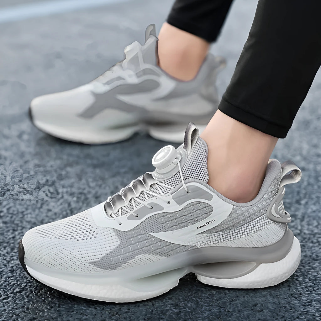 Men's white Korean-style running shoes with rotating button fastening and mesh upper