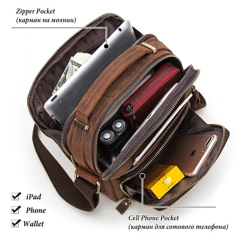 Men's genuine leather crossbody bag in retro style with single-shoulder design