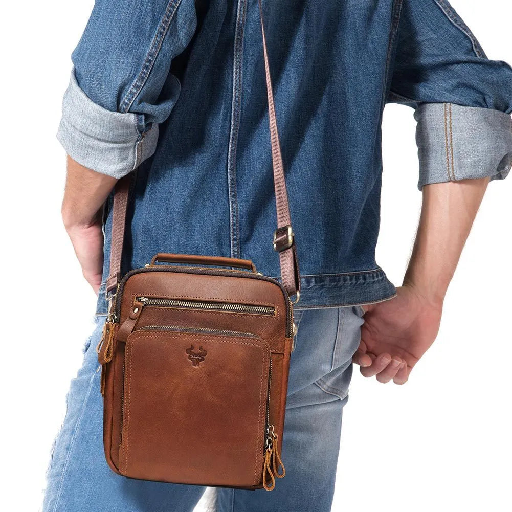 Men's genuine leather crossbody bag in retro style with single-shoulder design