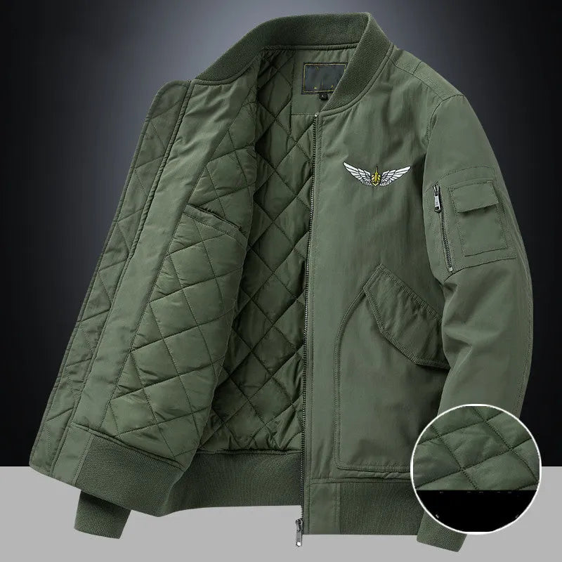 Men's fashion casual brushed jacket in satin cloth with baseball collar, army green, thickened for warmth