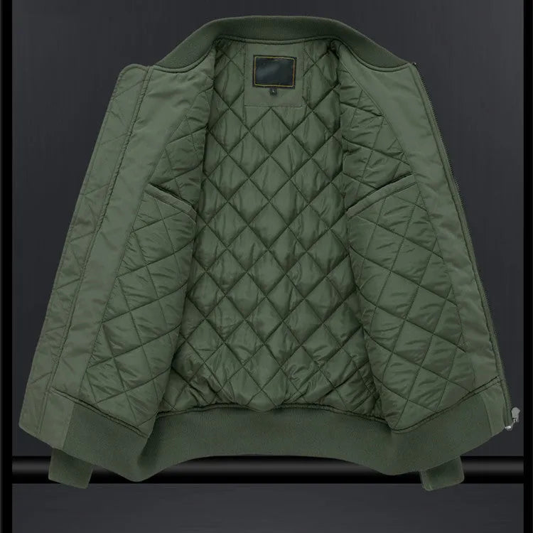 Men's fashion casual brushed jacket in satin cloth with baseball collar, army green, thickened for warmth