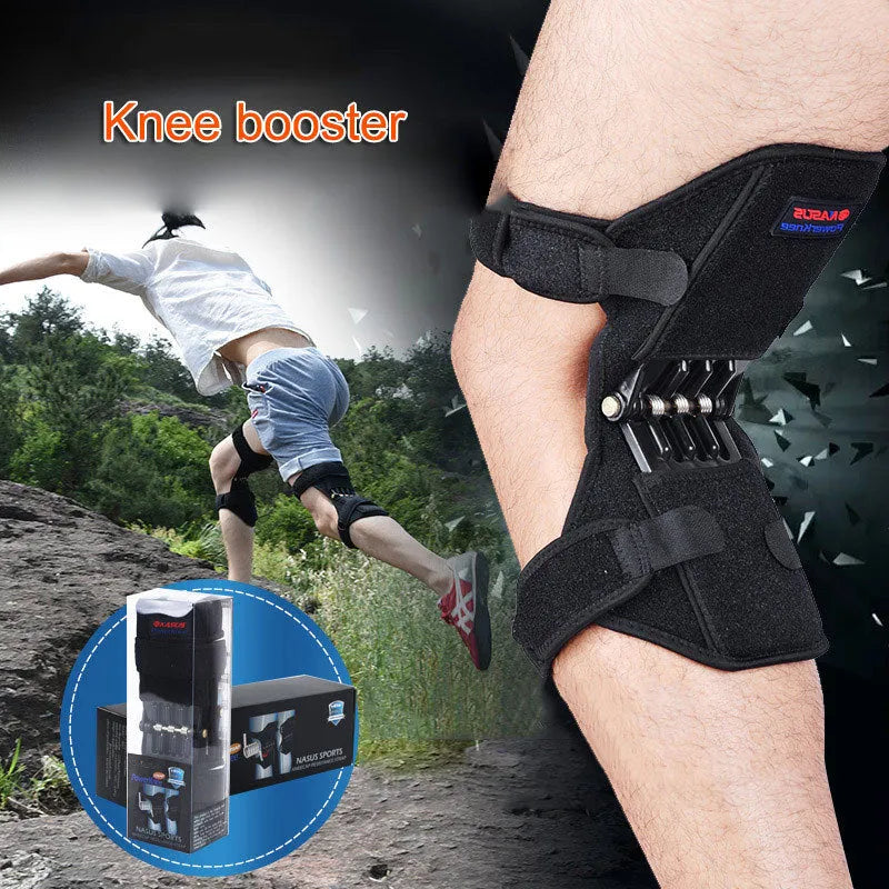 Adjustable spring knee brace patella booster in black colour with breathable fabric and venting holes