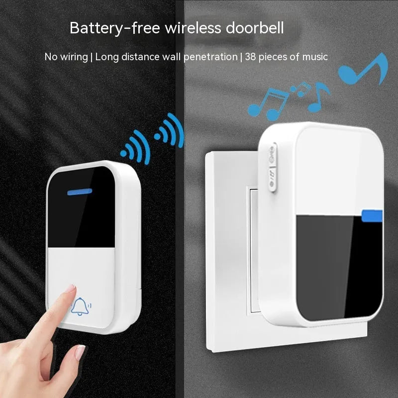 White plastic wireless doorbell kit with self-generating button and 150-metre range