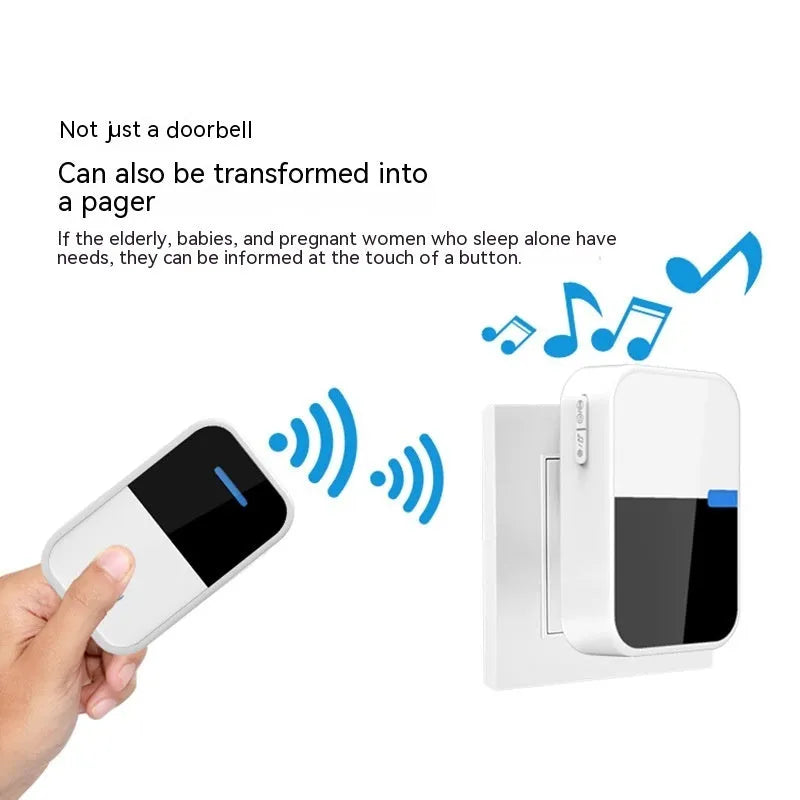 White plastic wireless doorbell kit with self-generating button and 150-metre range