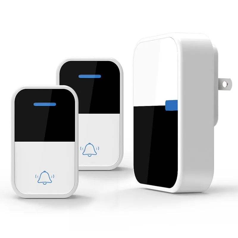 White plastic wireless doorbell kit with self-generating button and 150-metre range