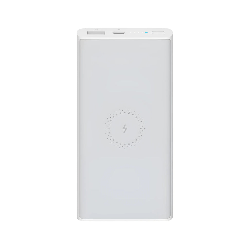 Black and white 10000mAh capacity power bank with wireless charging and fast charge support.