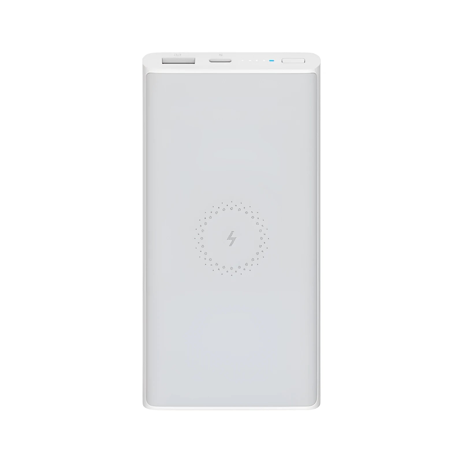 Black and white 10000mAh capacity power bank with wireless charging and fast charge support.