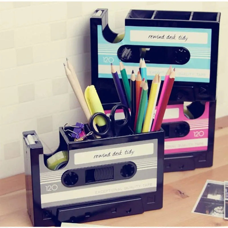 Multifunctional plastic pen holder storage box for desk, 17x5x11.5cm, in blue colour, with pens and phone inside