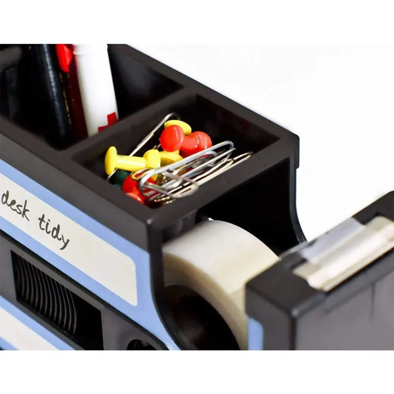 Multifunctional plastic pen holder storage box for desk, 17x5x11.5cm, in blue colour, with pens and phone inside