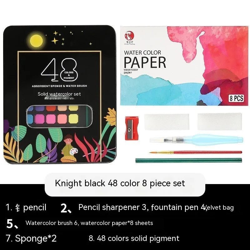 48 colour solid watercolour paint set in box showing Black Knight, Girl Pink and Sunshine Blue pigments