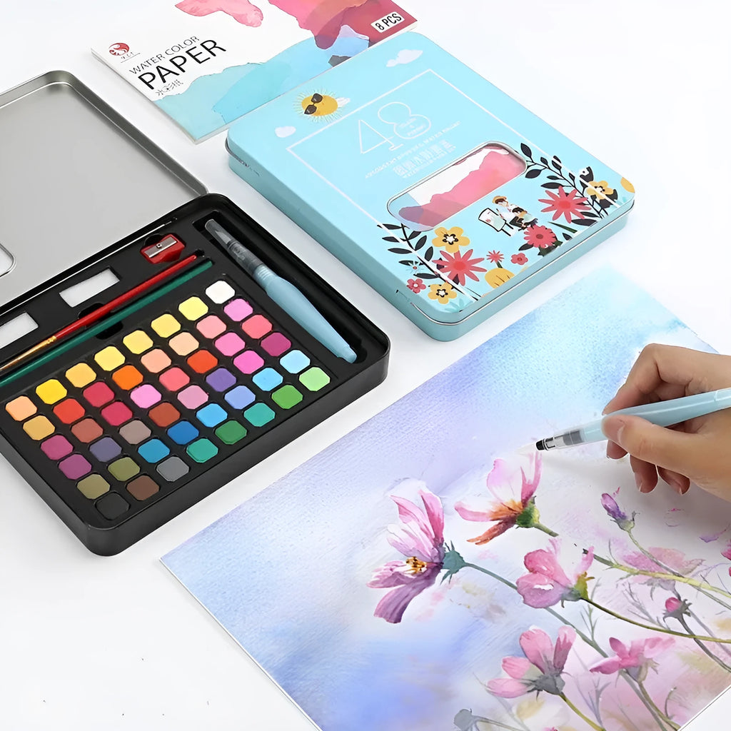 48 colour solid watercolour paint set in box showing Black Knight, Girl Pink and Sunshine Blue pigments