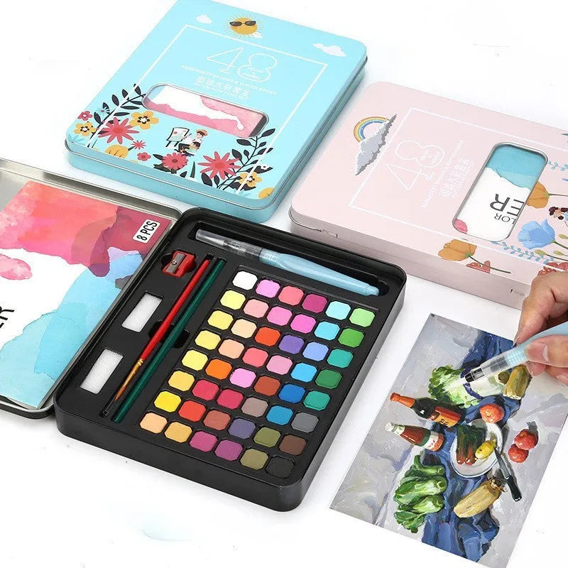 48 colour solid watercolour paint set in box showing Black Knight, Girl Pink and Sunshine Blue pigments