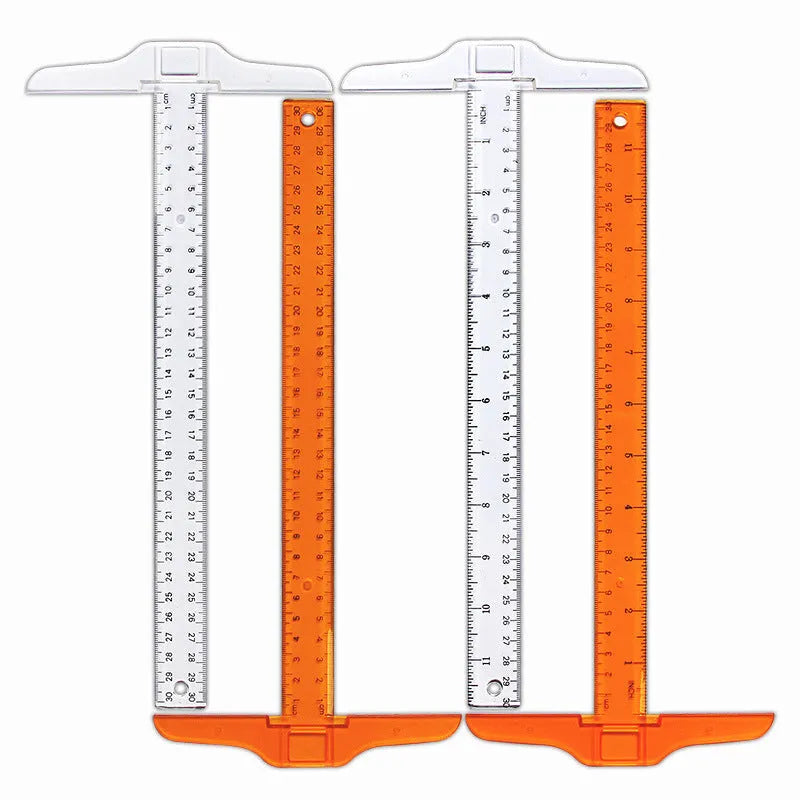 Transparent plastic T-shaped ruler with measurement scales for student design work