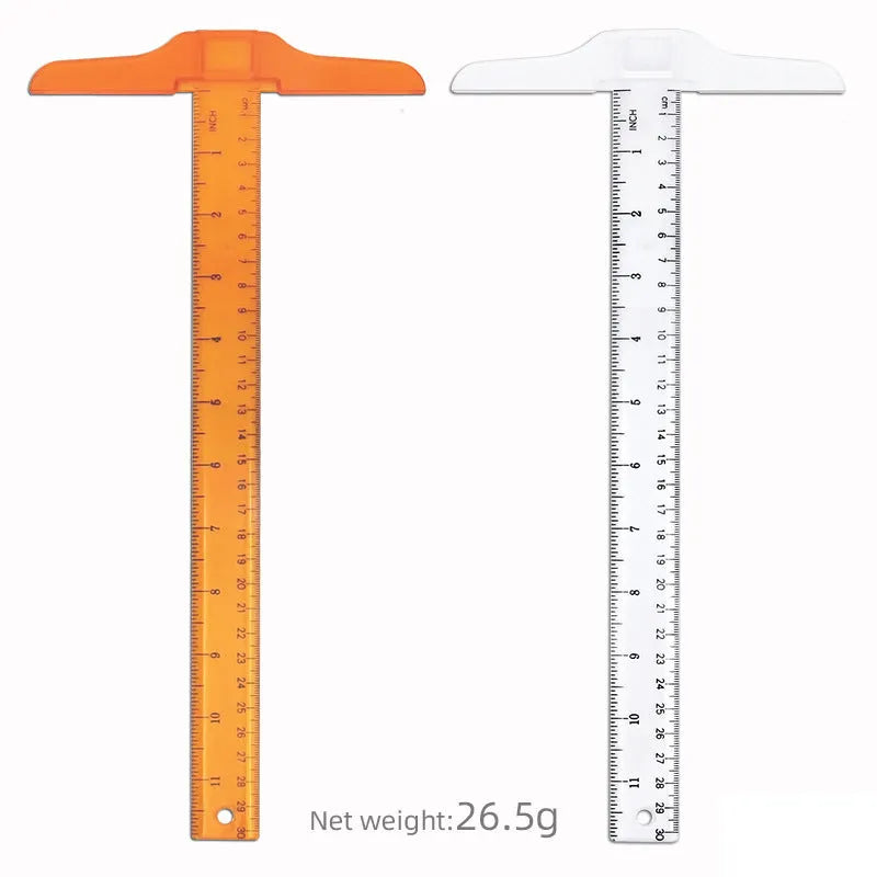 Transparent plastic T-shaped ruler with measurement scales for student design work