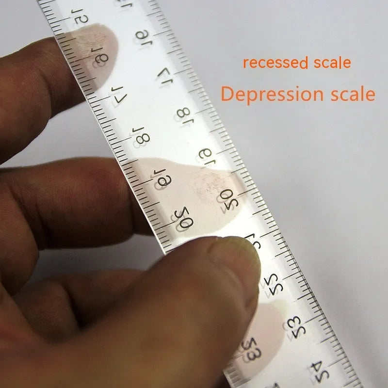 Transparent plastic T-shaped ruler with measurement scales for student design work