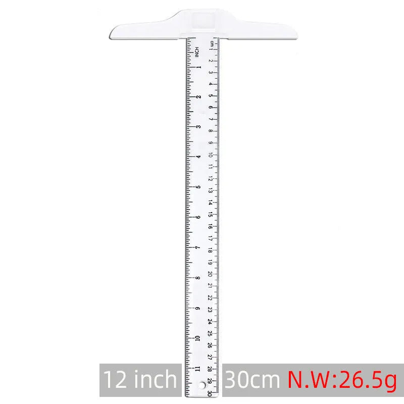 Transparent plastic T-shaped ruler with measurement scales for student design work