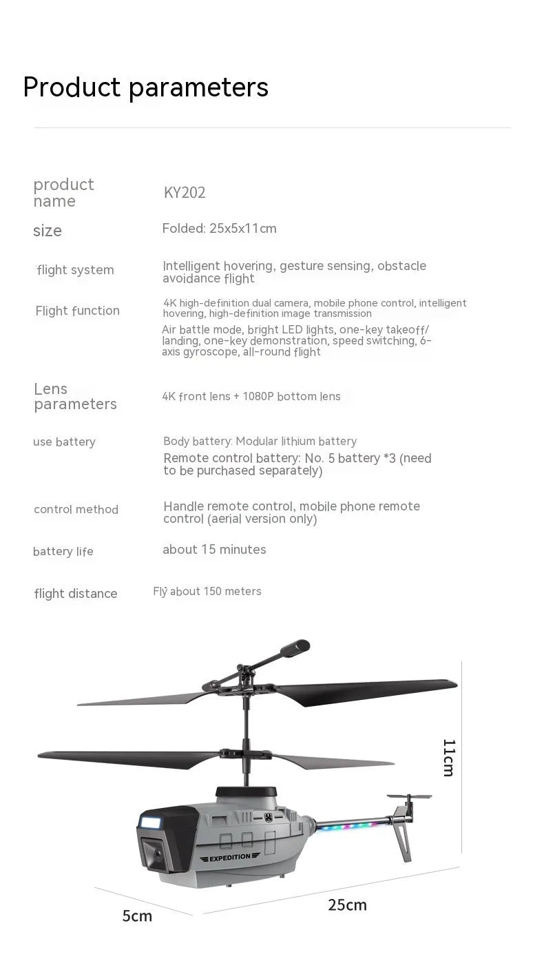 Grey Heifeng plastic UAV helicopter drone with coloured lights on a landing gear