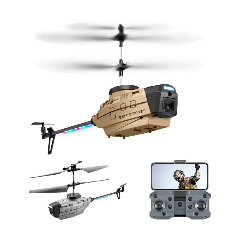 Grey Heifeng plastic UAV helicopter drone with coloured lights on a landing gear