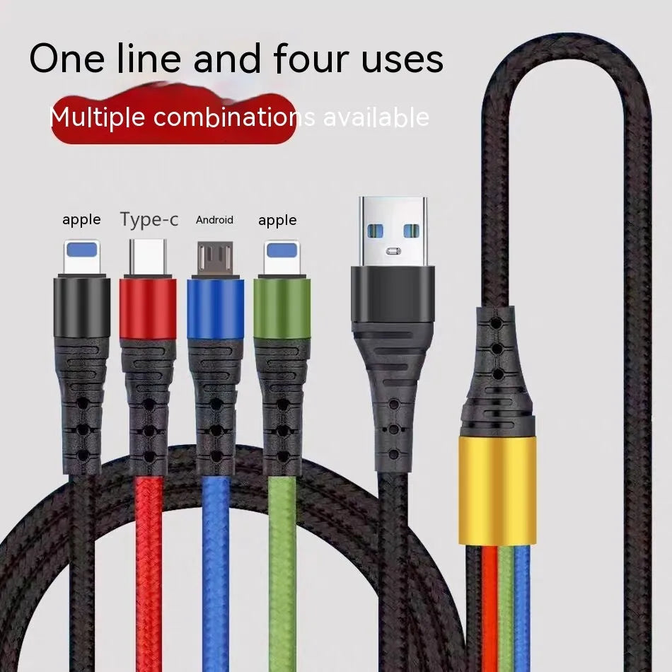 Four-in-one mobile phone charging cable with Android Apple TYPE-C connectors in 1.2 metre length