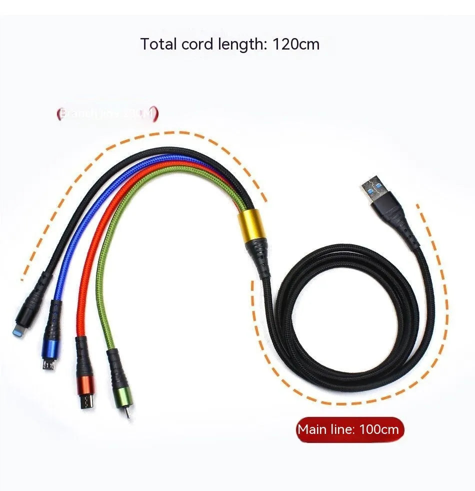 Four-in-one mobile phone charging cable with Android Apple TYPE-C connectors in 1.2 metre length