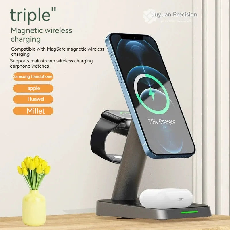 Black wireless three-in-one charger with 10,000mAh power bank and 15W fast charging