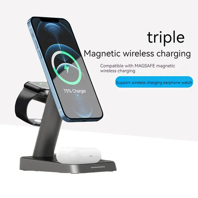 Black wireless three-in-one charger with 10,000mAh power bank and 15W fast charging