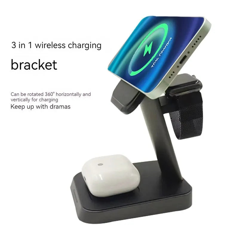 Black wireless three-in-one charger with 10,000mAh power bank and 15W fast charging
